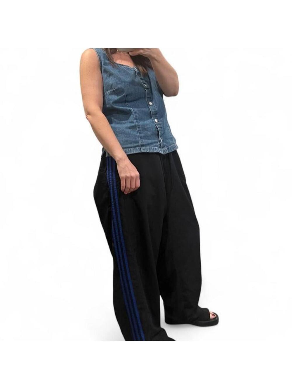 Y2K Adidas Black Wide Leg Track Pants Blue Side Stripe